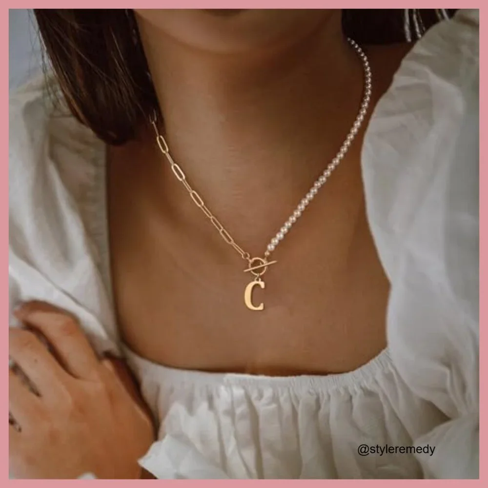Pearl Initial Necklace with Toggle Clasp, Dainty Chain Choker Jewelry